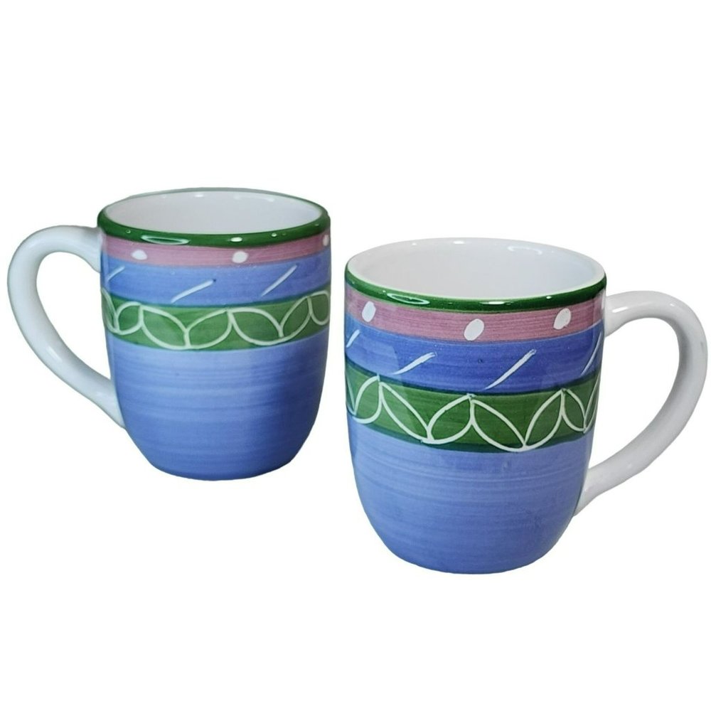 Vintage Pottery Barn Set Of 2‎ Shabby Chic Hand Painted Ceramic Coffee Mug 14oz